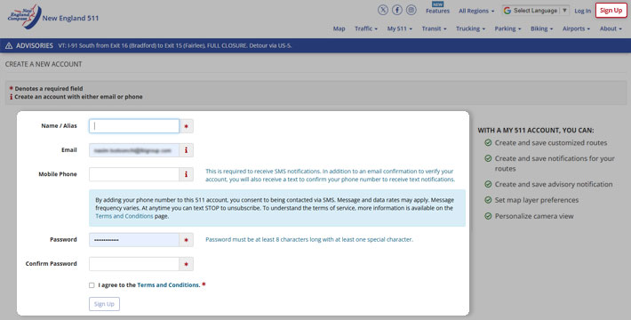 Sign up with New England 511